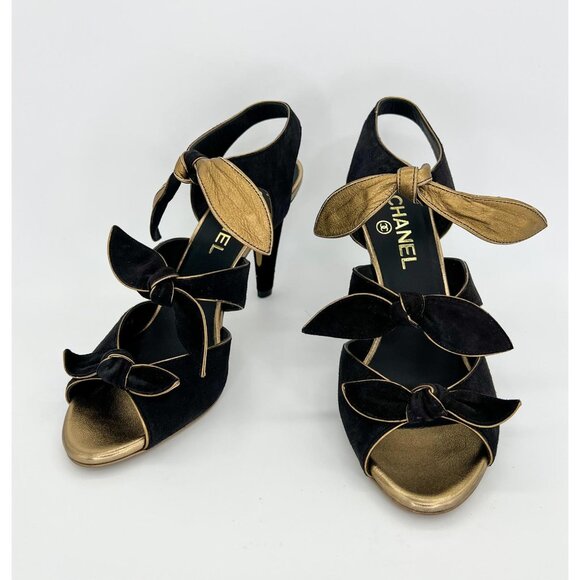 NWOT CHANEL Black Bow Cross Strap CC Logo Block Heel Sandals Size EU 38.5 - Picture 6 of 15